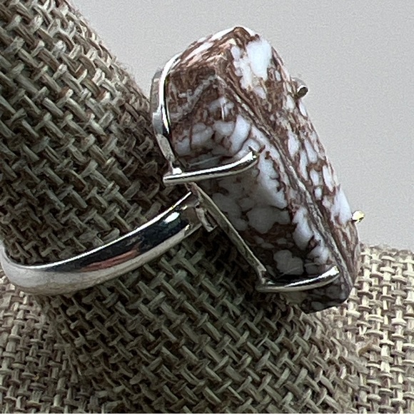 Wild Horse Jasper Stone Prong Set Coffin Cut Silver Overlay Ring Size 9.25 - Picture 6 of 9